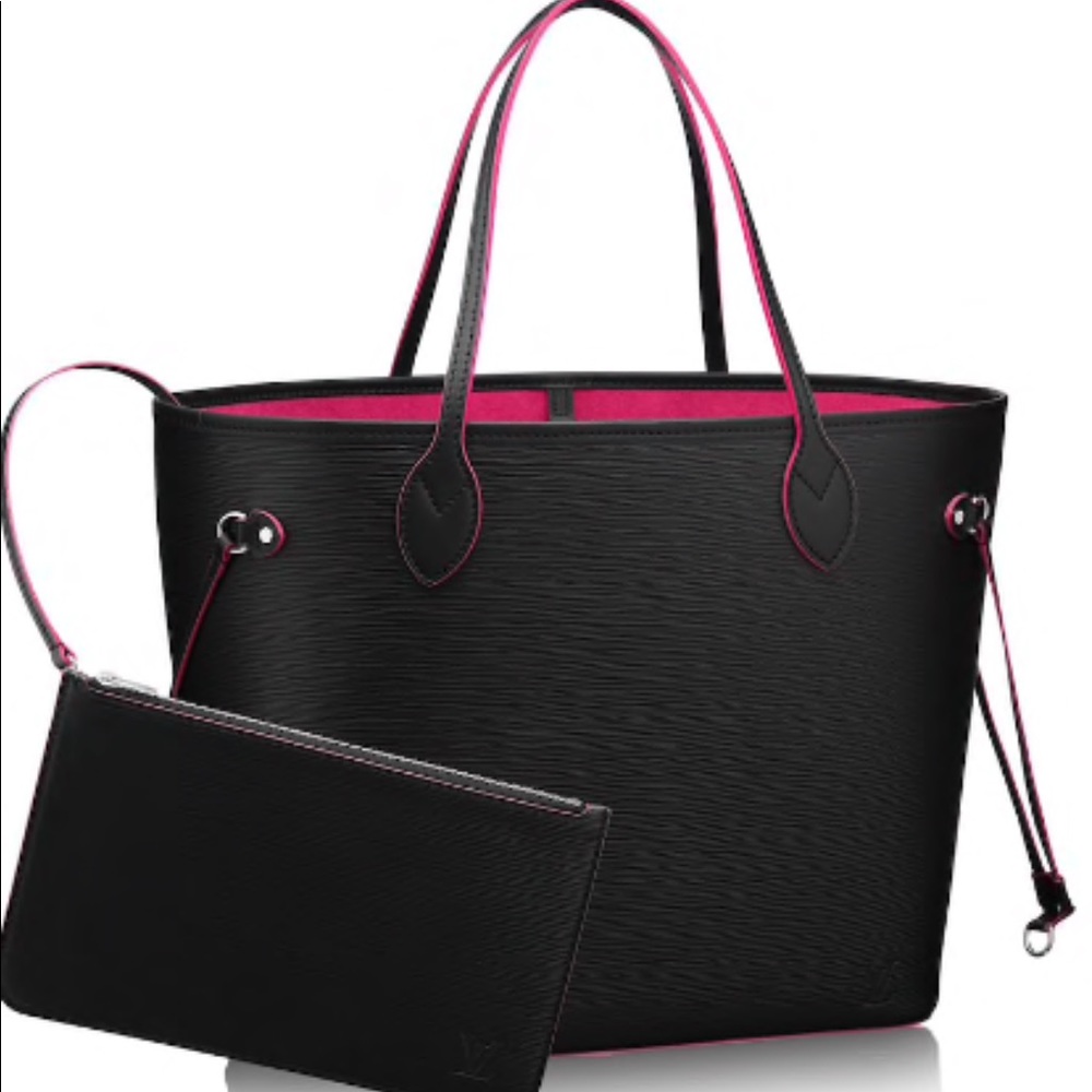 Authentic Louis Vuitton Neverfull MM Noir/hotpink